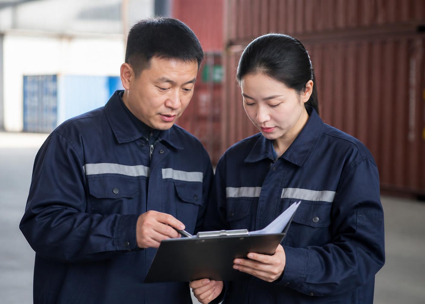 Premier Express staff checking shipment documentation at a cargo terminal